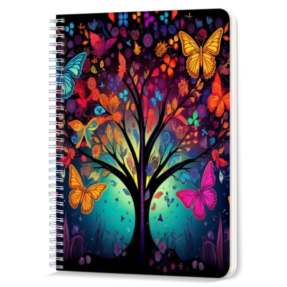 Spiral Notebook Double-Wire Spiral College Lined Journal Notebook for Study and Notes,100 Pages,5.71x 8.26in - Colorful Tree Of Life with Butterflies