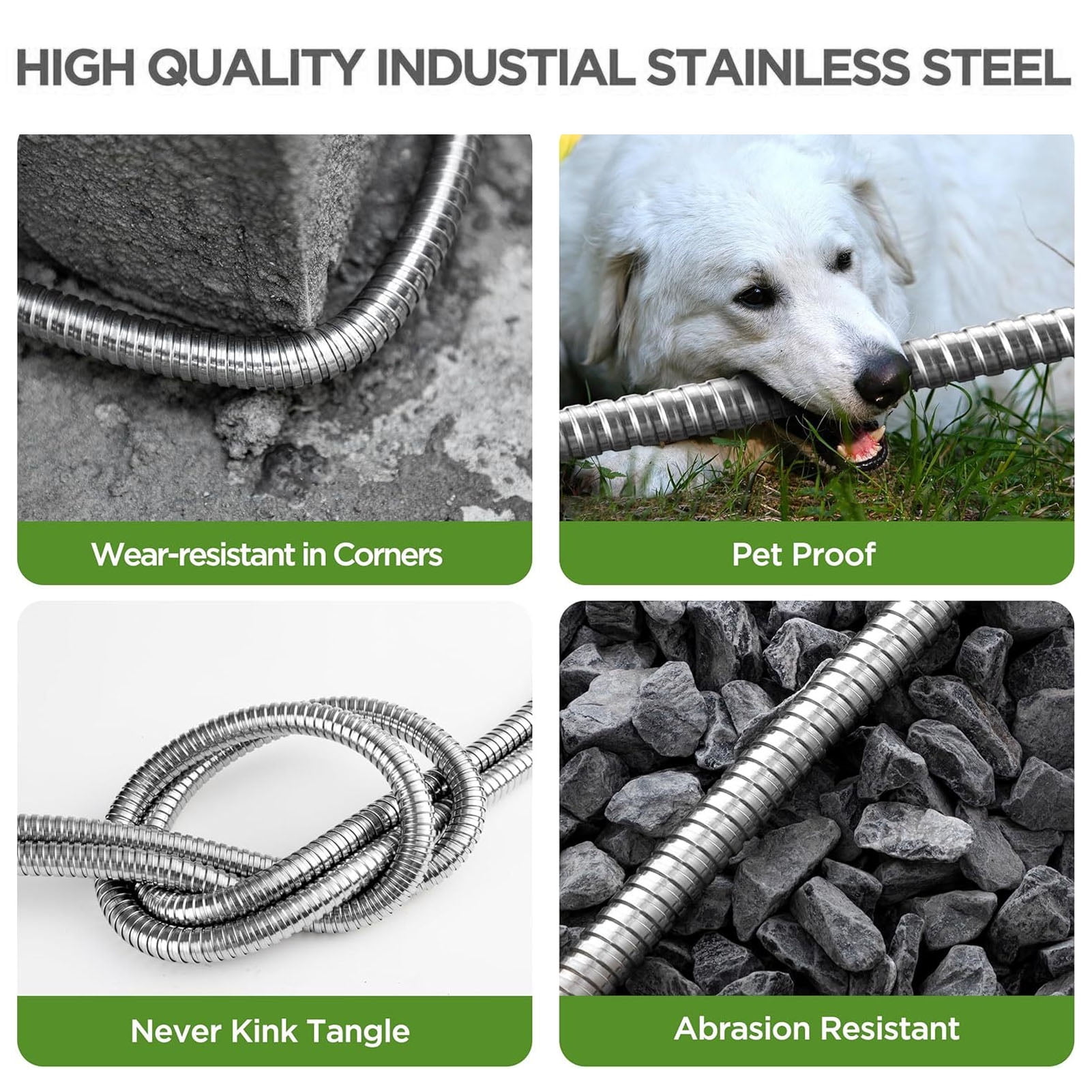 50ft Garden Hose, Metal Stainless Steel Water Hose with 10 Functional Nozzles & 3/4 inch Brass Fittings, Flexible, No-Kink, Puncture Proof, Heavy Duty Water Pipe for Yard, Outdoor