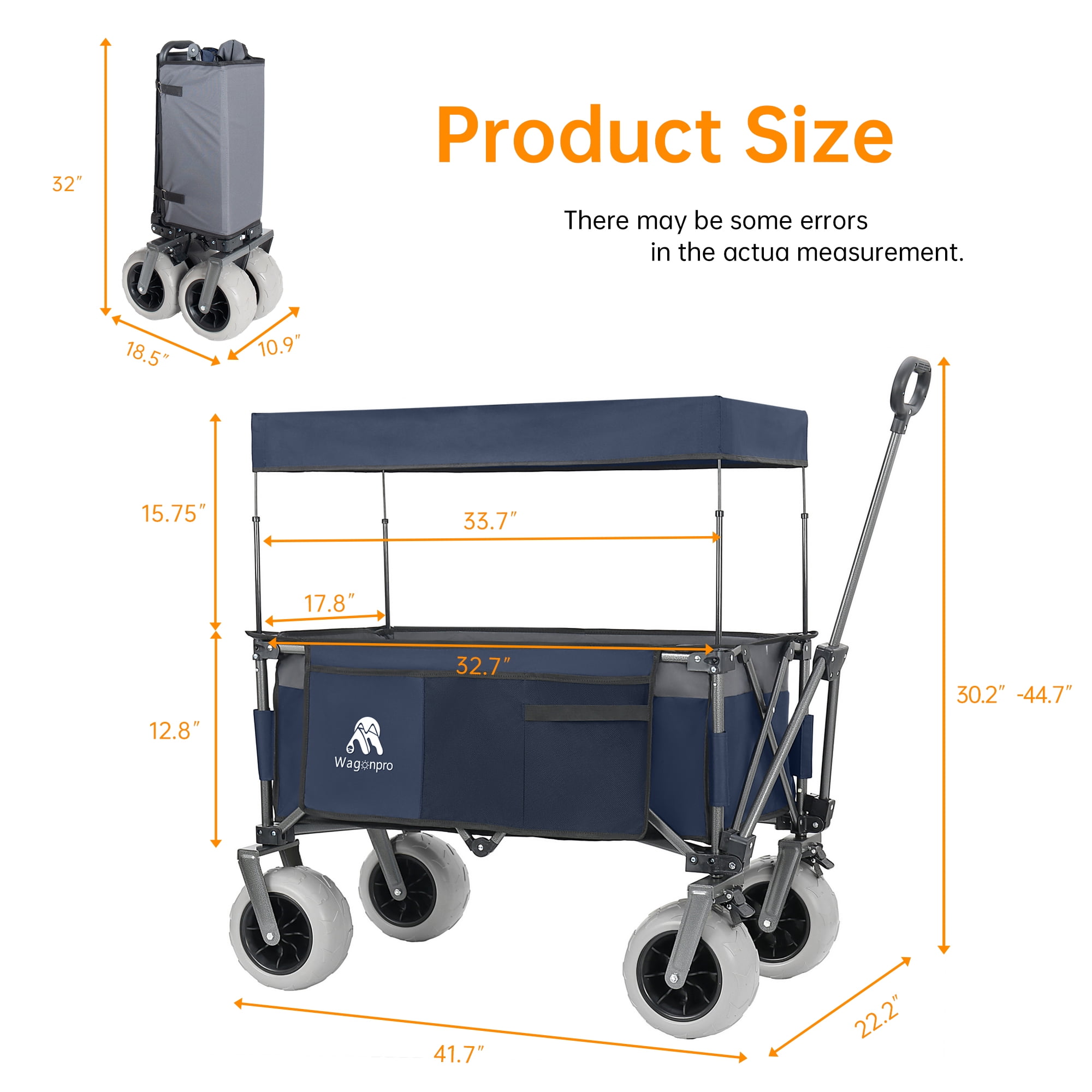 Foldable Utility Wagon with Removable Awning Canopy, 9"×4" All-Terrain Balloon Wheels, 480LBS 120L Heavy Duty Beach Cart Adjustable Handle for Camping Shopping