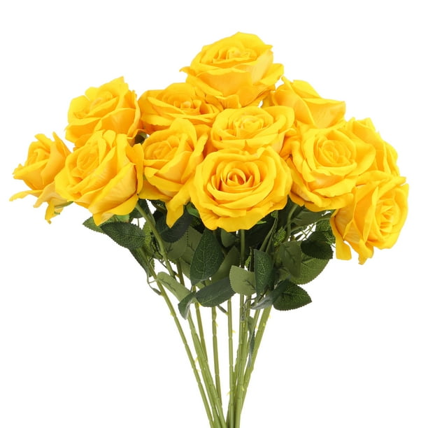 Uxcell 12 Pcs Rosas Amarillas Flores Artificiales, Rosa de Terciopelo Tacto Real Falsas Rosas con Tallos