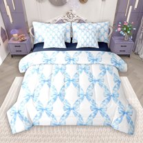 Manfei Teens Plaid Bowknot 7-Piece Twin Bedding Sets, Blue Cute Ribbon Bow Bedding Comforter Set, Princess Cartoon Theme Reversible Sheet Sets, Lightweight Room Decor