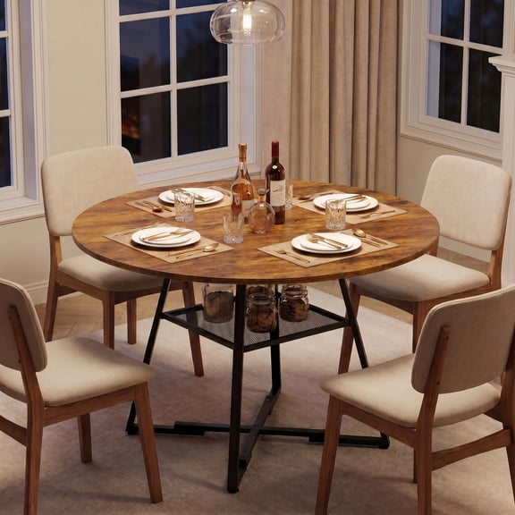 CONCETTA 47 Inch Round Dining Table for 4-6, Farmhouse Kitchen & Dining Room Table with Dual-Tier Storage Shelf, Heavy-Duty Pedestal Metal Frame, Space-Saving Circular Table for Apartment, Rust