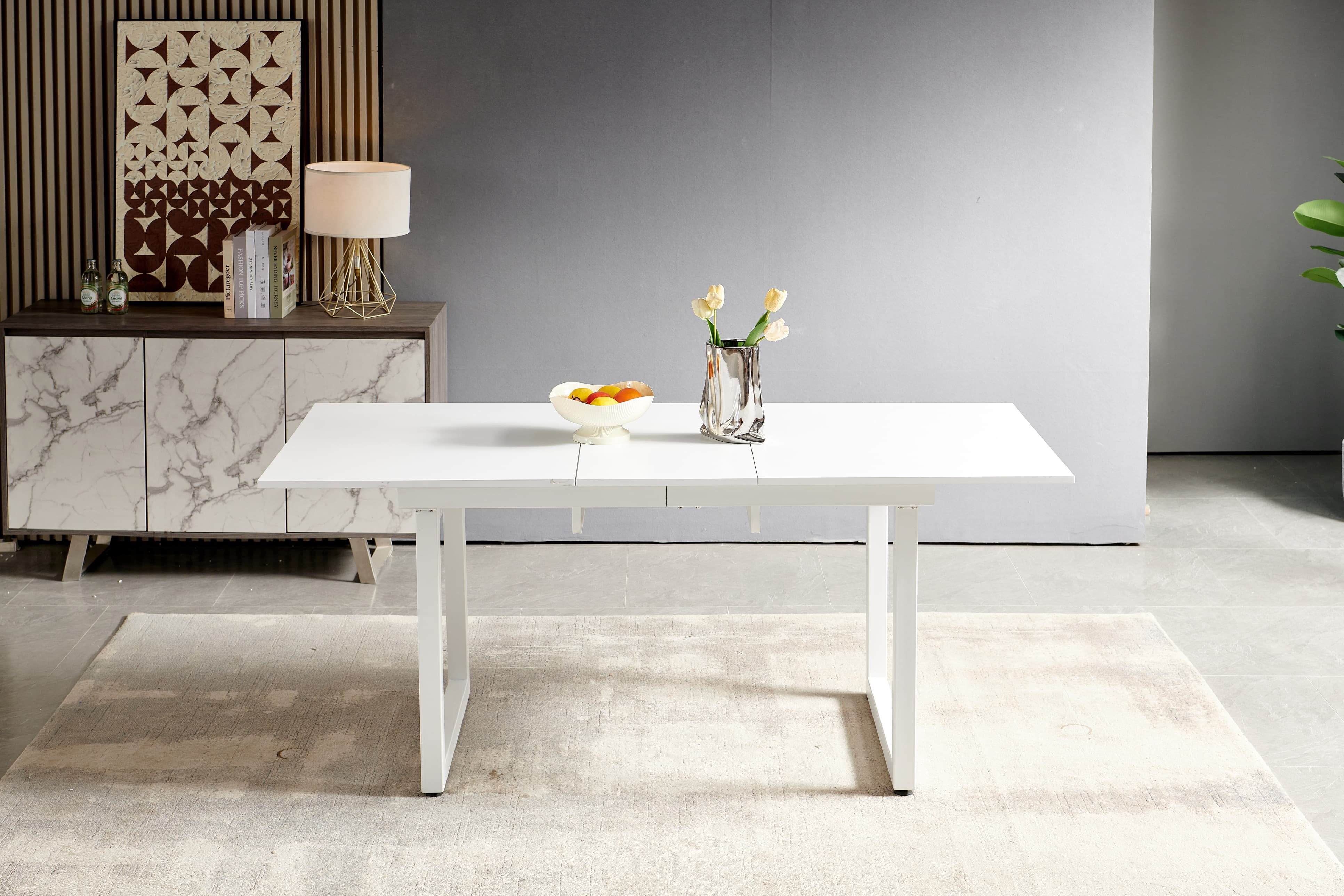 MAYEERTY Modern White Square Extendable Dining Table - Metal Legs, Bright for Small Homes