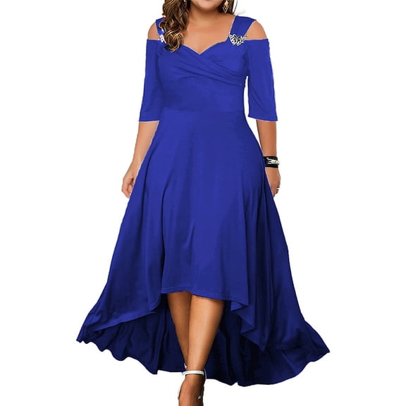 HH New Solid Color Sexy off-the-Shoulder Large Swing Dress 2023 Summer plus Size Women's Clothes Long Dress