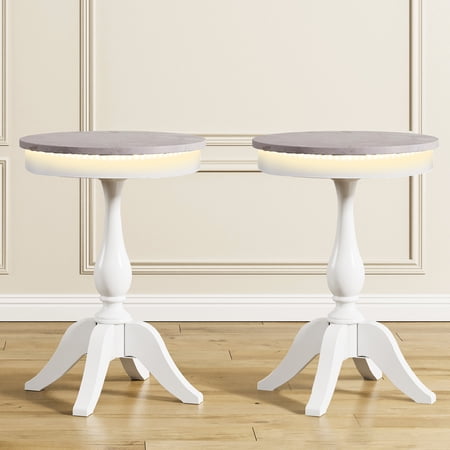 WAMPAT Nightstand with Warm yellow light for bedroom,End Side Table for Living Room,White and Faux Marble