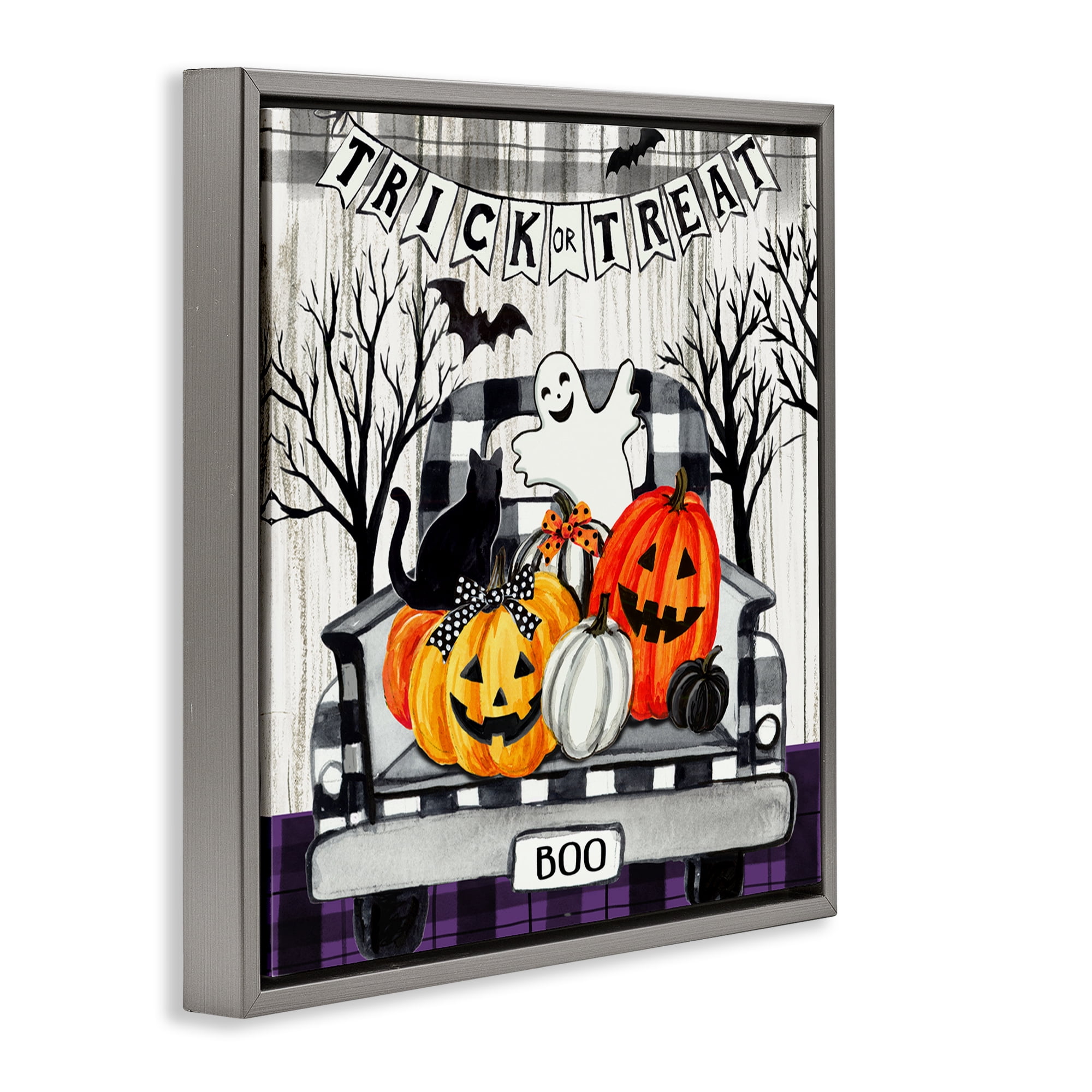 Stupell Industries Halloween Filled Truck Holiday Painting Gray Floater Framed Canvas Art Print Wall Art, 25 x 25