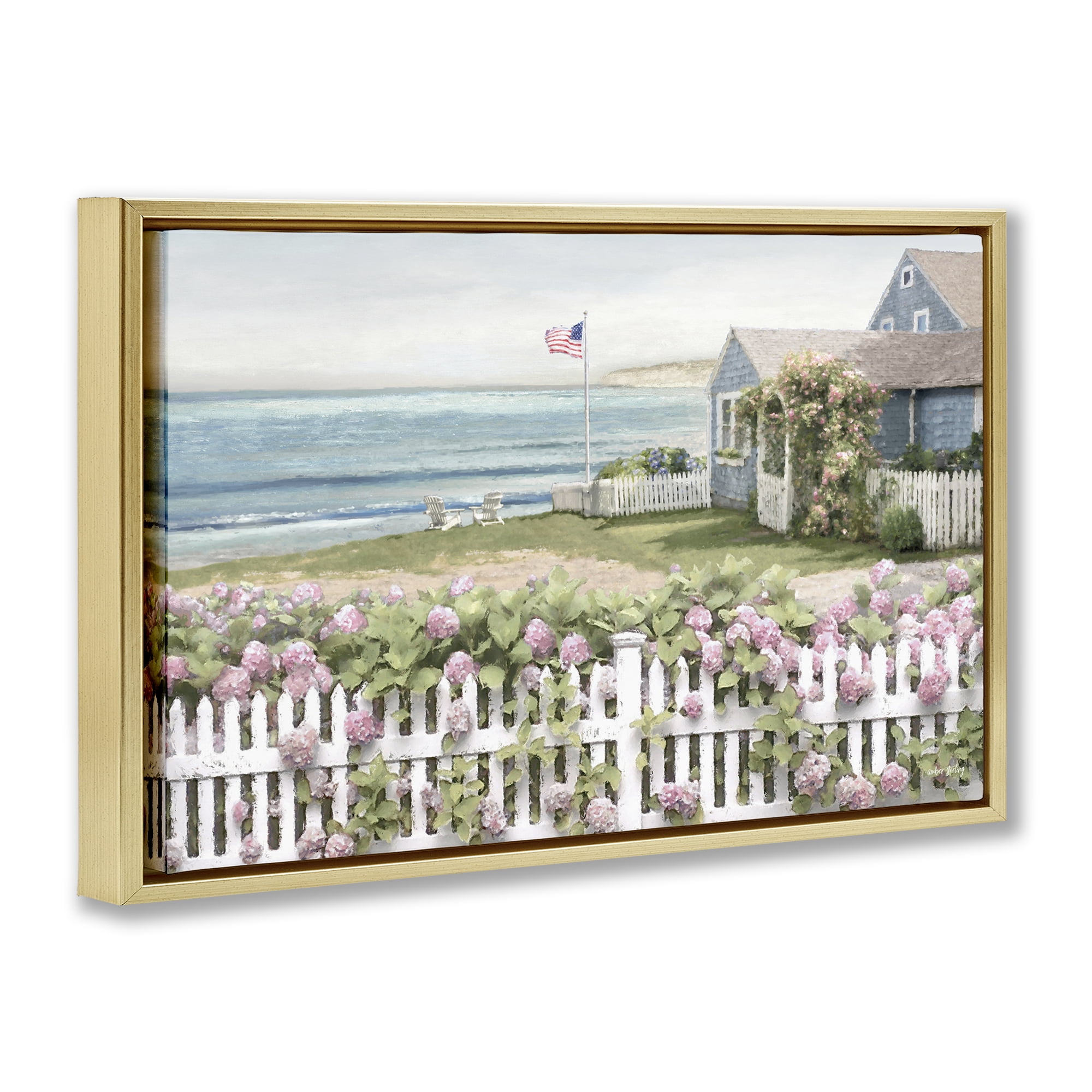 Stupell Industries Coastal Bay Cottage Landscape & Nature Painting Gold Floater Framed Canvas Art Print Wall Art, 25 x 17