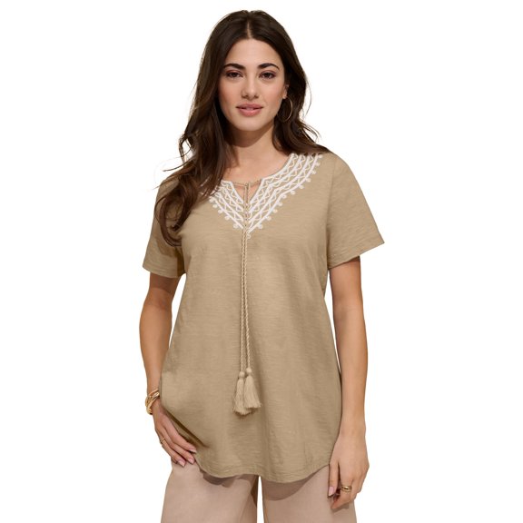 Roaman's Women's Plus Size Embroidered Notch-Neck Tassel Tunic
