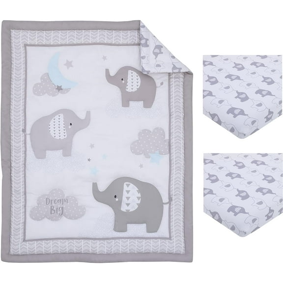 Little Love by NoJo Dream Big 3pc Mini Crib Set, Comforter, Two Fitted Sheets, Elephant design, Gray and White