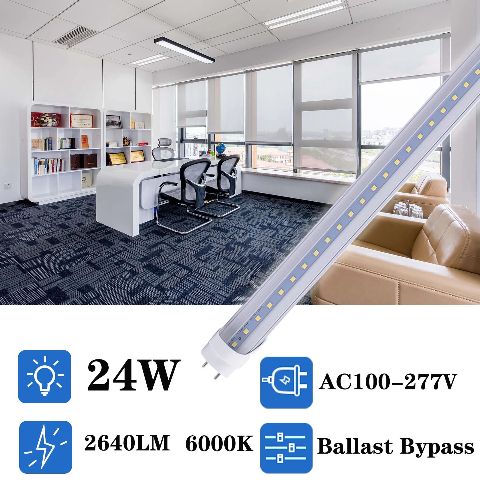 JLLED 6Pack 4FT 24W T8 LED Tube Light White Daylight 6000k 4' LED Bulbs G13 Base Ballast Bypass T10 T12 Fluorescent lamp Replacement