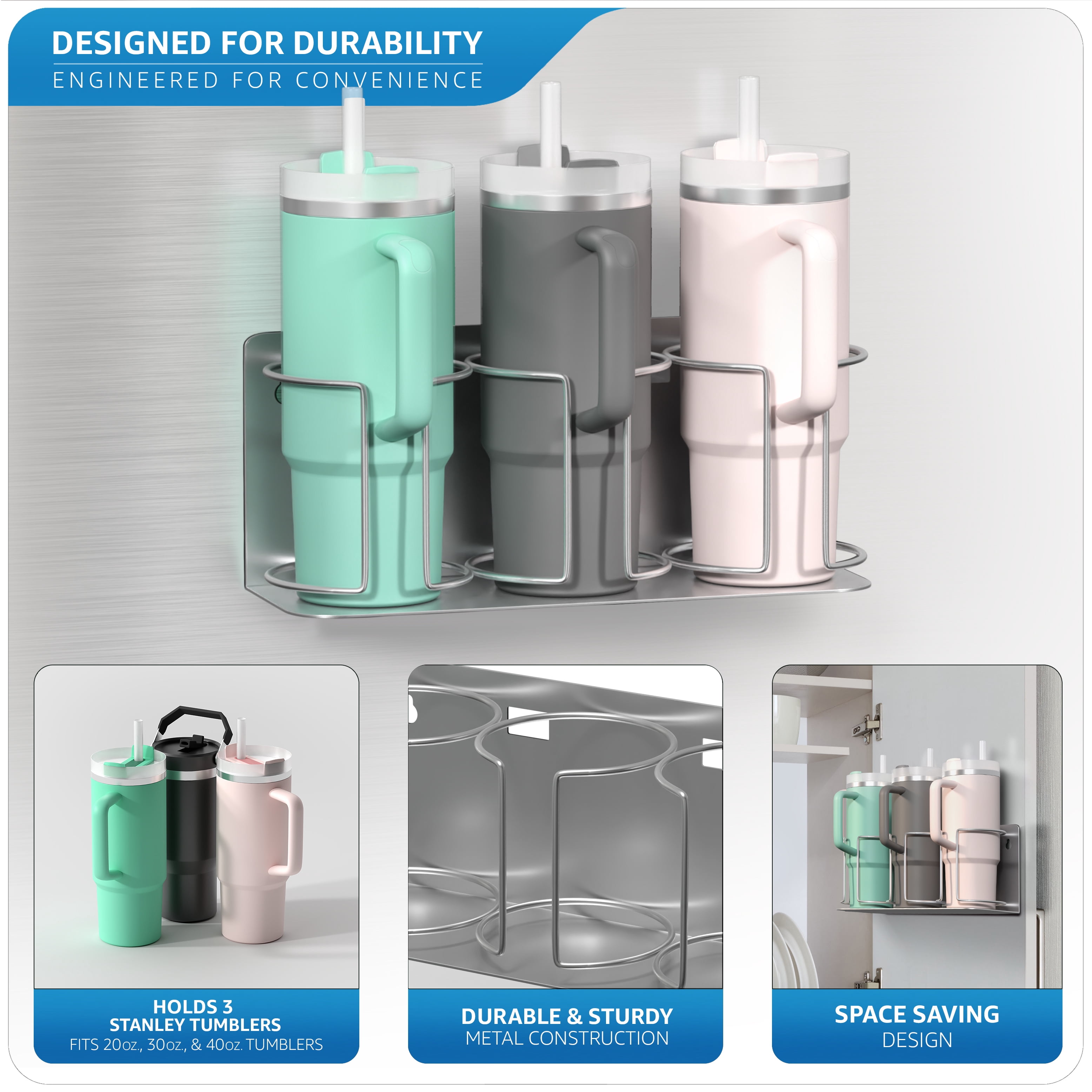 Sorbus Tumbler Organizer 3-Cup – Magnetic Wall Mount for 20-40oz Cups & Bottles (2 Pack)