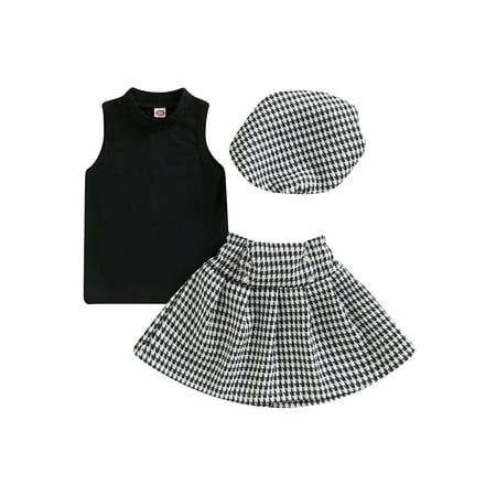 

Calsunbaby Kids Baby Girls Clothes Sets 3pcs Sleeveless Ribbed Vest Tops+Plaid High Waist A-Line Skirts+Beanies 3-4 Years