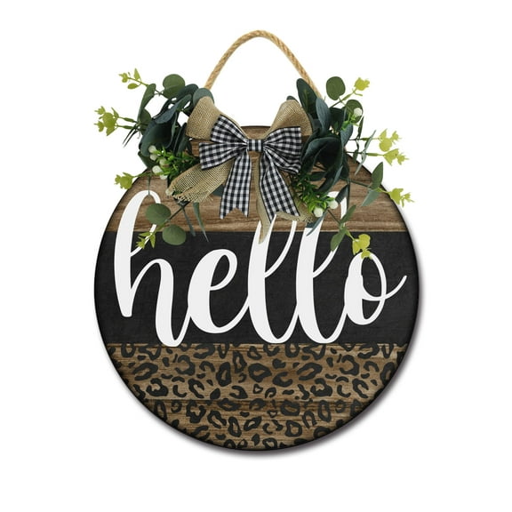 Leopard Hello Sign Front Door Porch Decorations, Round Rustic Wood Hanging Sign for Farmhouse Porch Outdoor Home Holiday Front Door Sign Decor