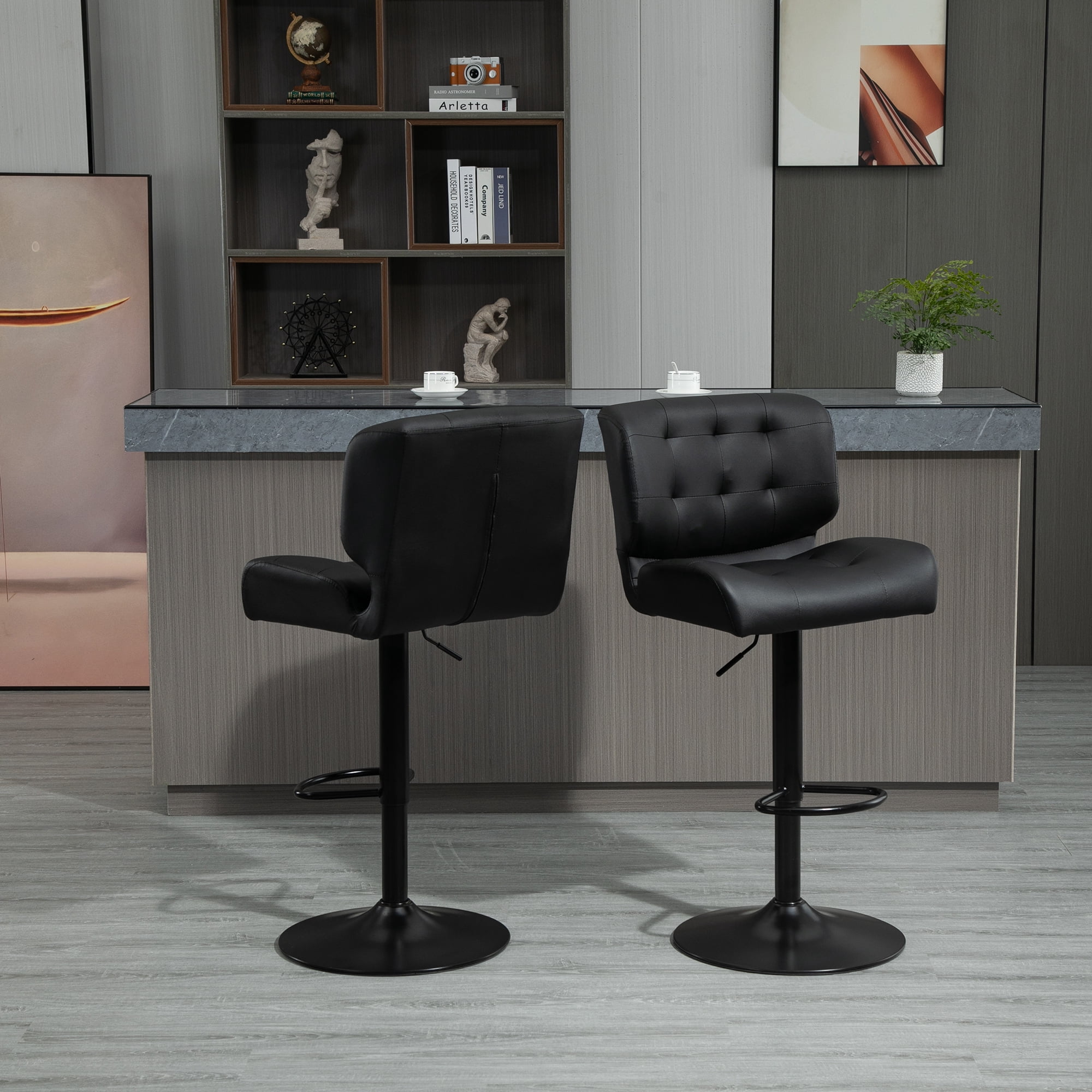 HOMCOM Bar Height Bar Stools Set of 2 with Adjustable Seat, Thick Padded Cushion and Metal Footrest for Home Bar, Black