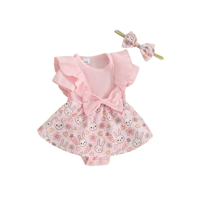 Gupgi Baby Girl Easter Outfit Summer Short Sleeve Ribbed Rabbit Romper Dress with Headband