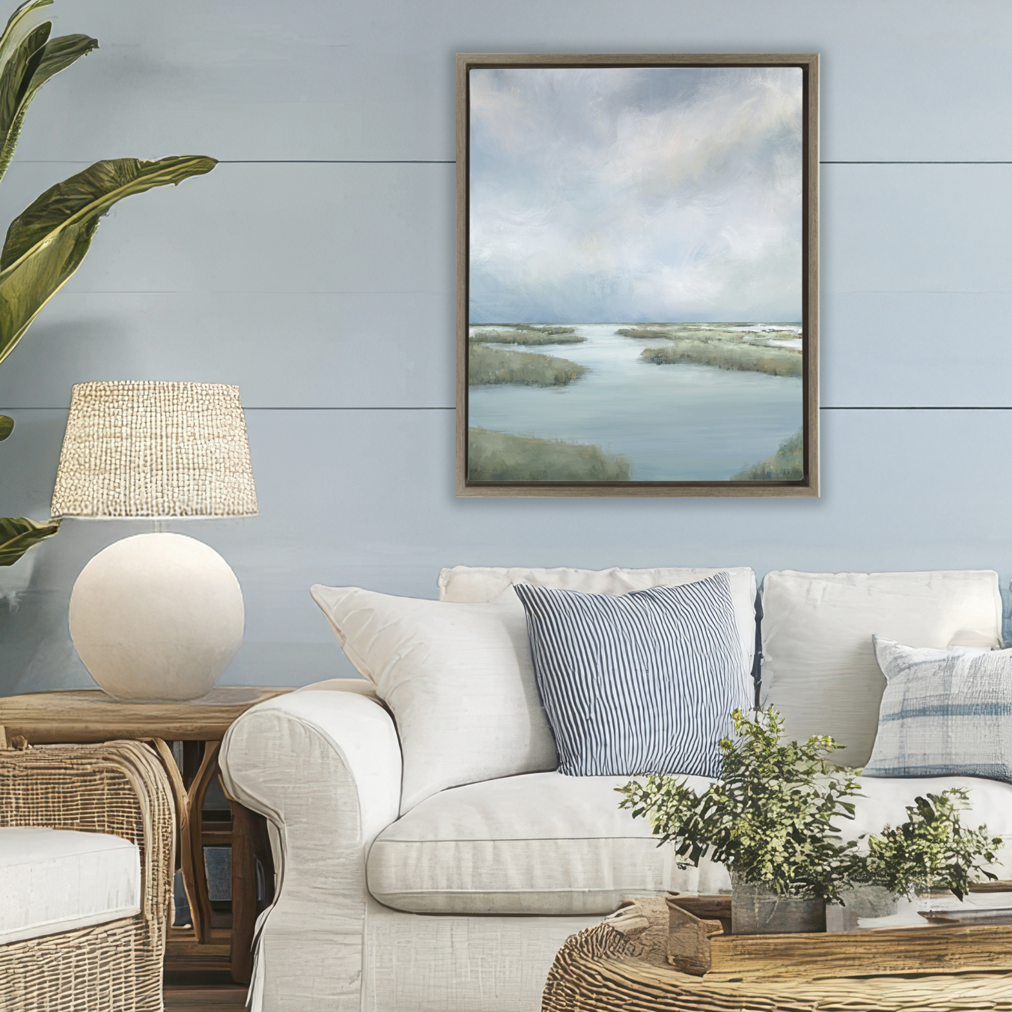 Hazy Marsh Land View Brown Framed Floater Canvas Wall Art, design by Leah Noel Art