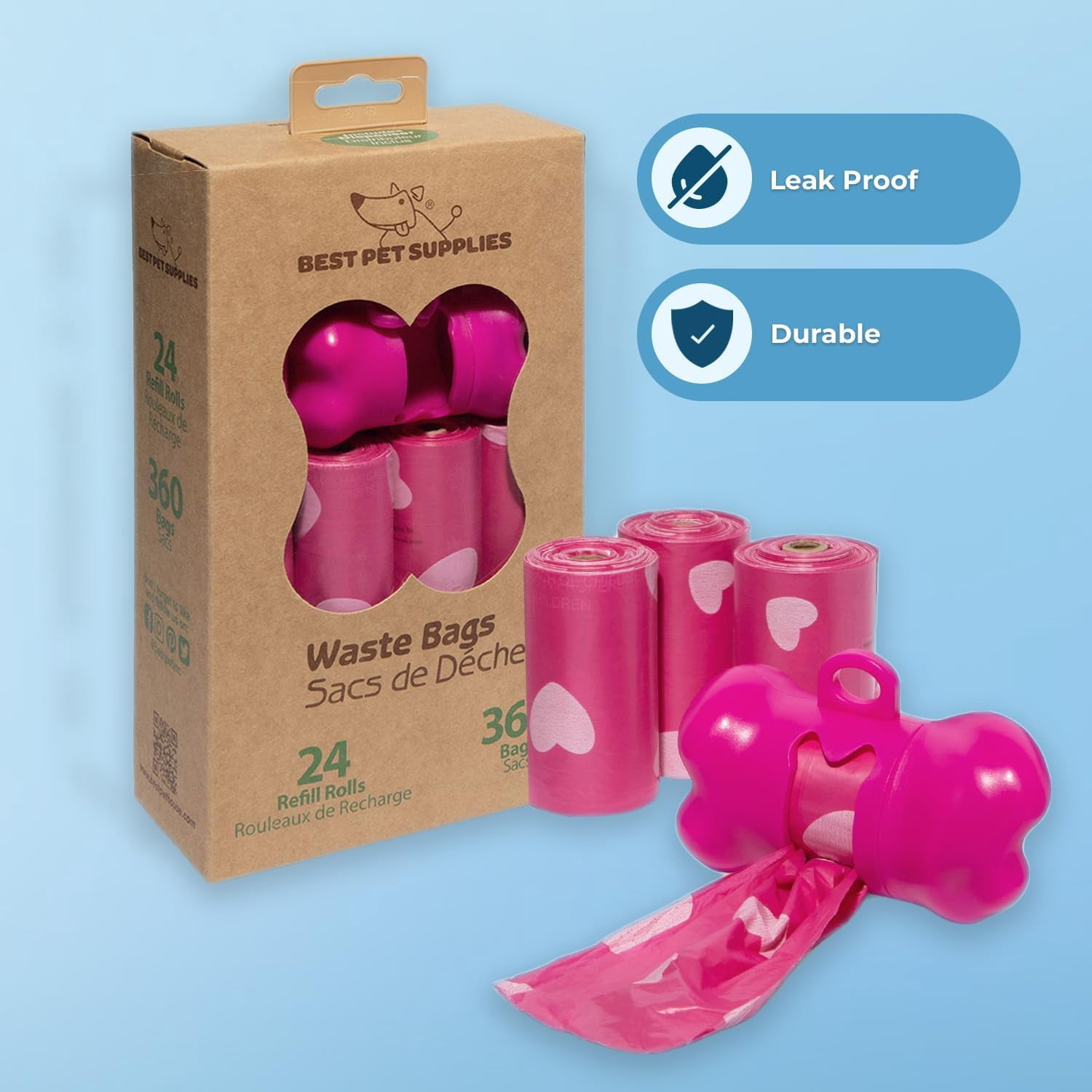 Dog Poop Bags, Roll Replacements for Outdoor Walking and Travel - Pink Heart, 360 Bags