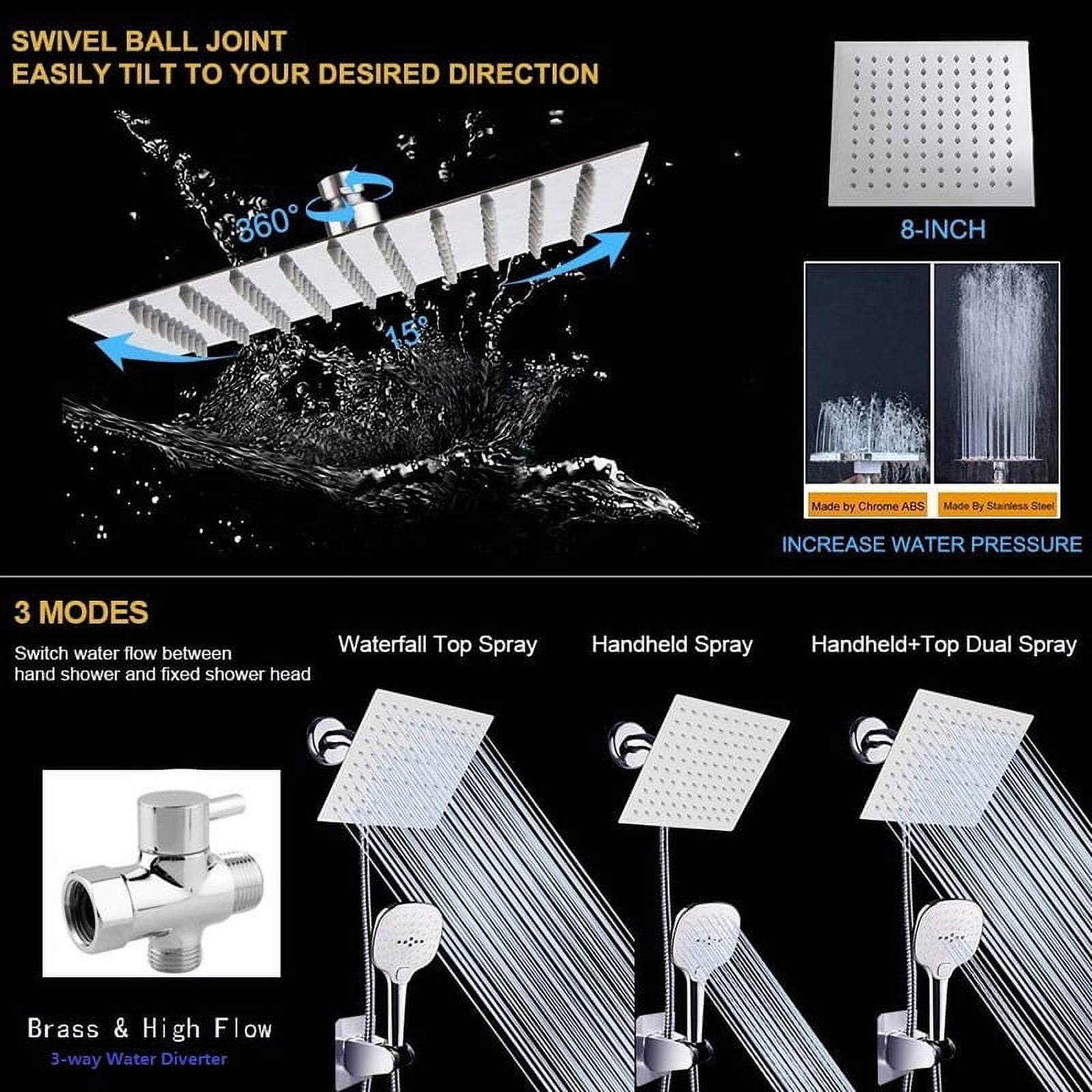 Shower Head with Hose, High Pressure Stainless Steel Rain Shower and 3 Settings Handheld Spray Combo with Push Button Flow Control (8 Inch Showerhead Set, Chrome Finish)