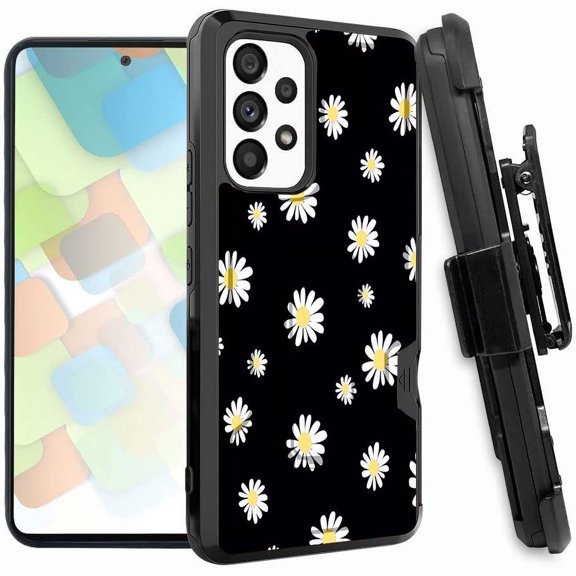 ANJ  Rugged Dual Layered Holster Case w/Kickstand, Card Slot Case   Tempered Glass Cover for Samsung Galaxy A53 5G - White Daisy