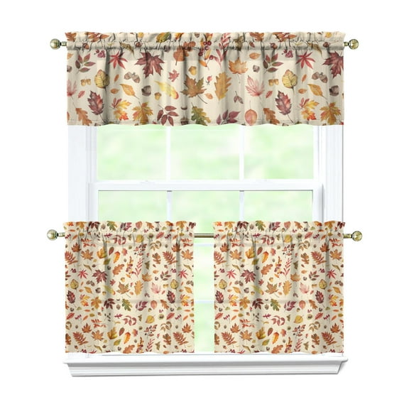 Fall Kitchen Curtains 24 Inch Short - 3 Panel Set, Autumn Harvest Print, Rod Pocket Window Treatment for Thanksgiving, Farmhouse, Cafe, Living Room - Machine Washable