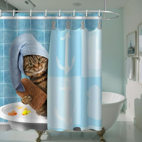 72"x72" Cute Cat Shower Curtain-Kid's Fun and Adorable Animal Kitten Bathing in Bathtub,Fun Waterproof Anime Plastic Shower Curtain Cat & 12 Pack Plastic Fabric Hooks