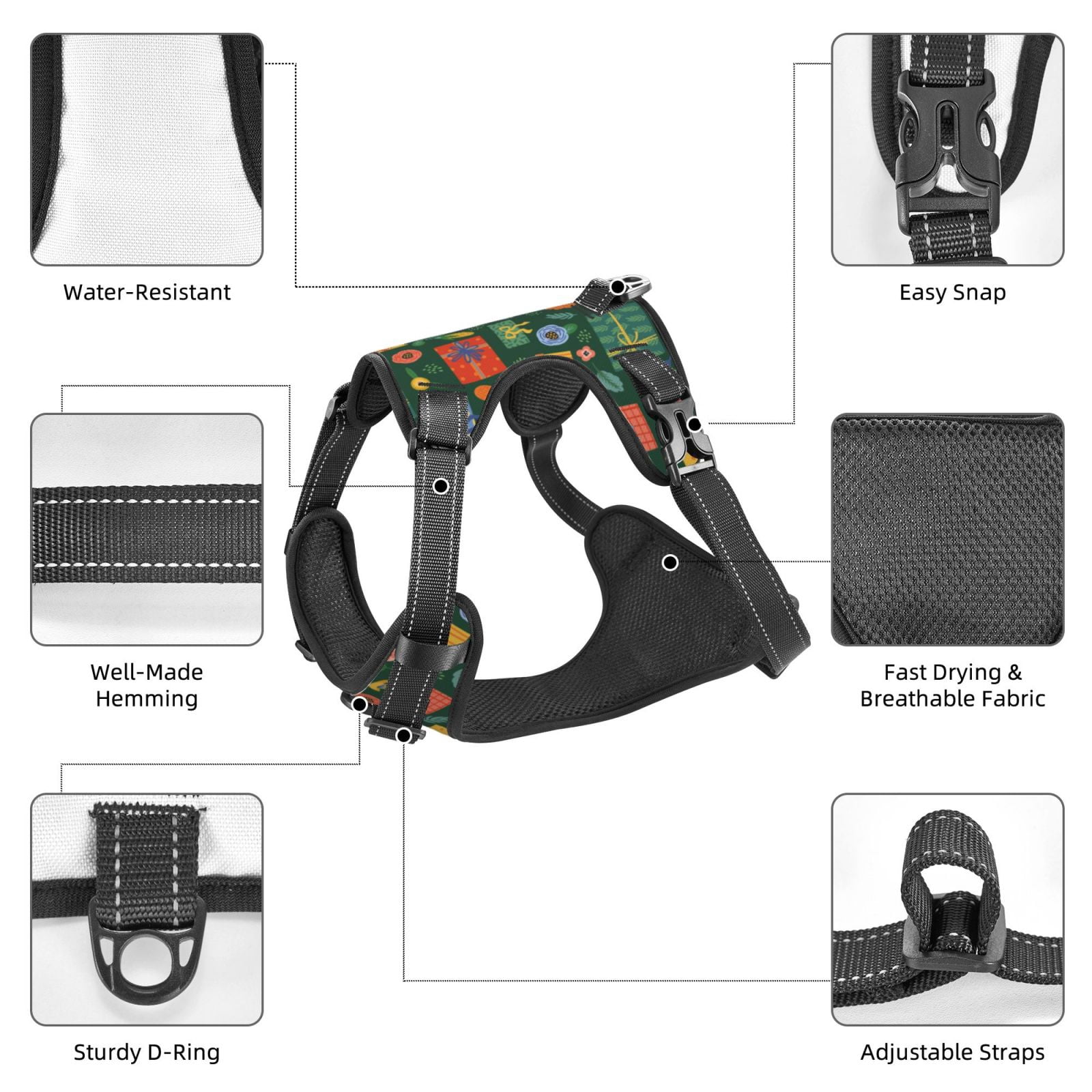 Kdxio Christmas Gift Print No Pull Dog Harness Adjustable Reflective Oxford Easy Control Medium Large Dog Harness for Training and Everyday-Small