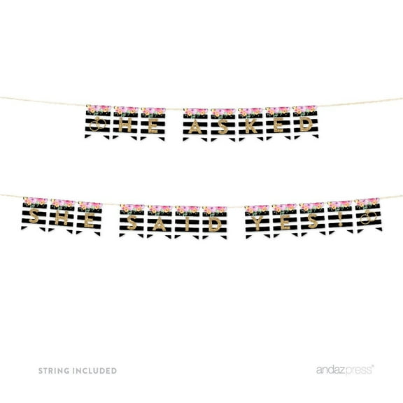 He Asked, She Said Yes! Floral Gold Glitter Wedding Hanging Pennant Party Banner with String