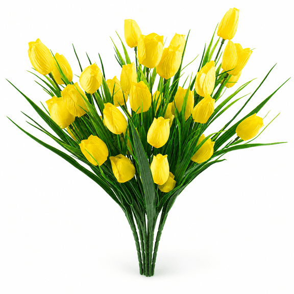 6 Pcs Yellow Artificial Tulips Flowers for Outdoors, Faux Plastic Silk Tulip Stems, Realistic Fake Flowers for Vase, Garden, Patio, Porch, Table, Home Indoor Spring Decor