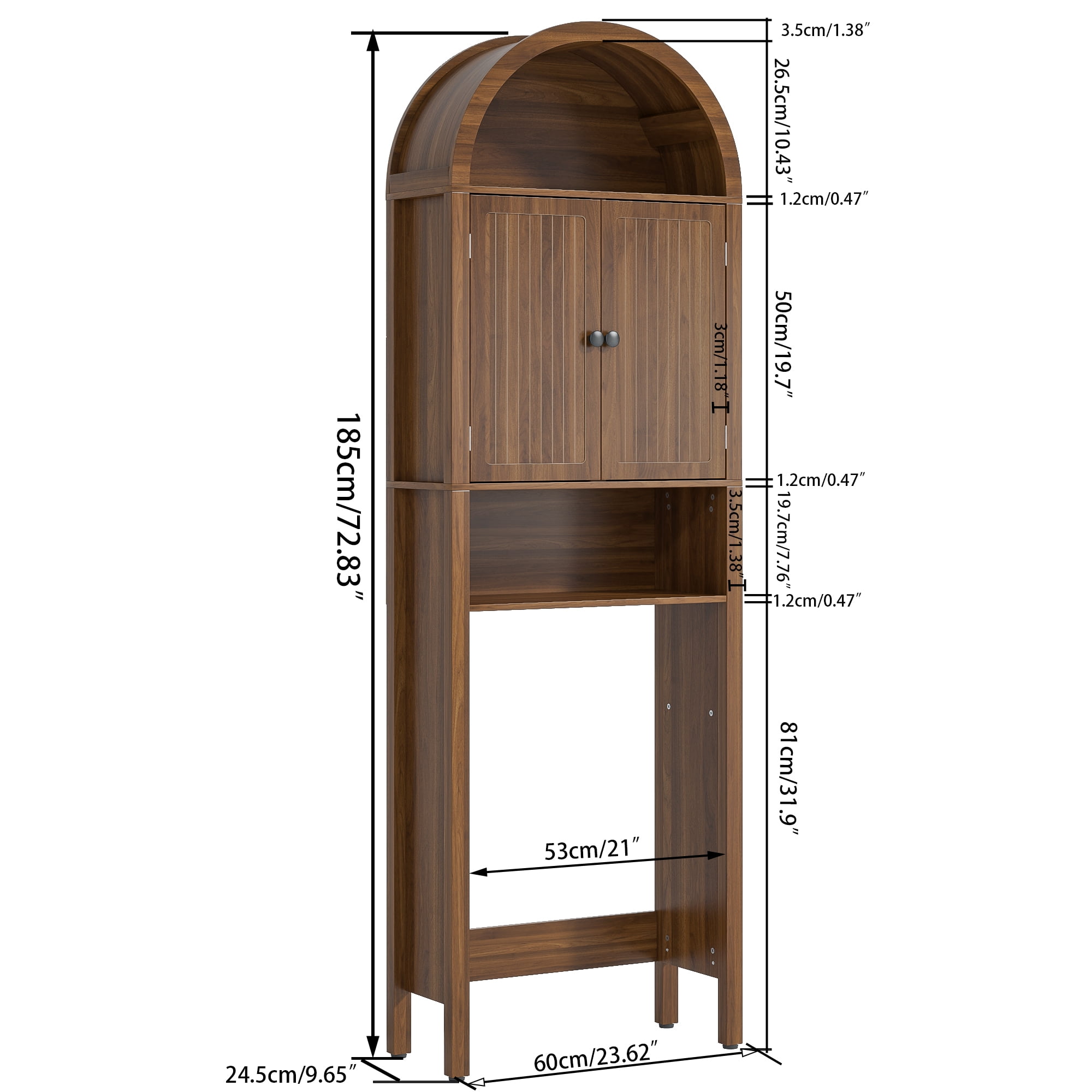 Over The Toilet Storage Cabinet, Arched Cabinet Shelf Organizer with Adjustable Shelves and Fluted Doors, Walnut
