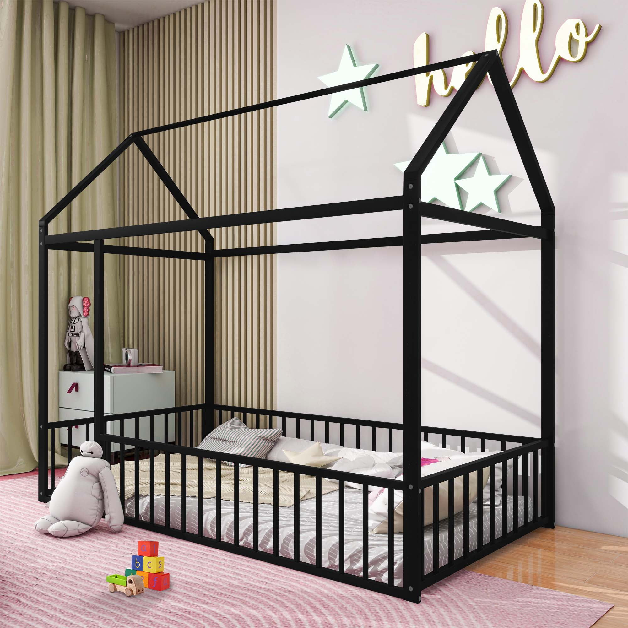 Aukfa Metal House Bed, Twin Platform Bed with Fence for Kids - Black