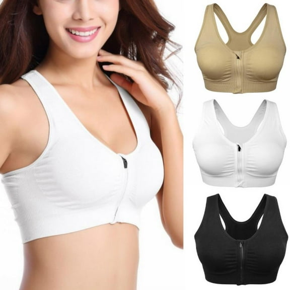 Ladies Breathable Sport Bras ,Front Zipper Closure Sports Yoga Bra Vest with Removable Padding(White,2XL)