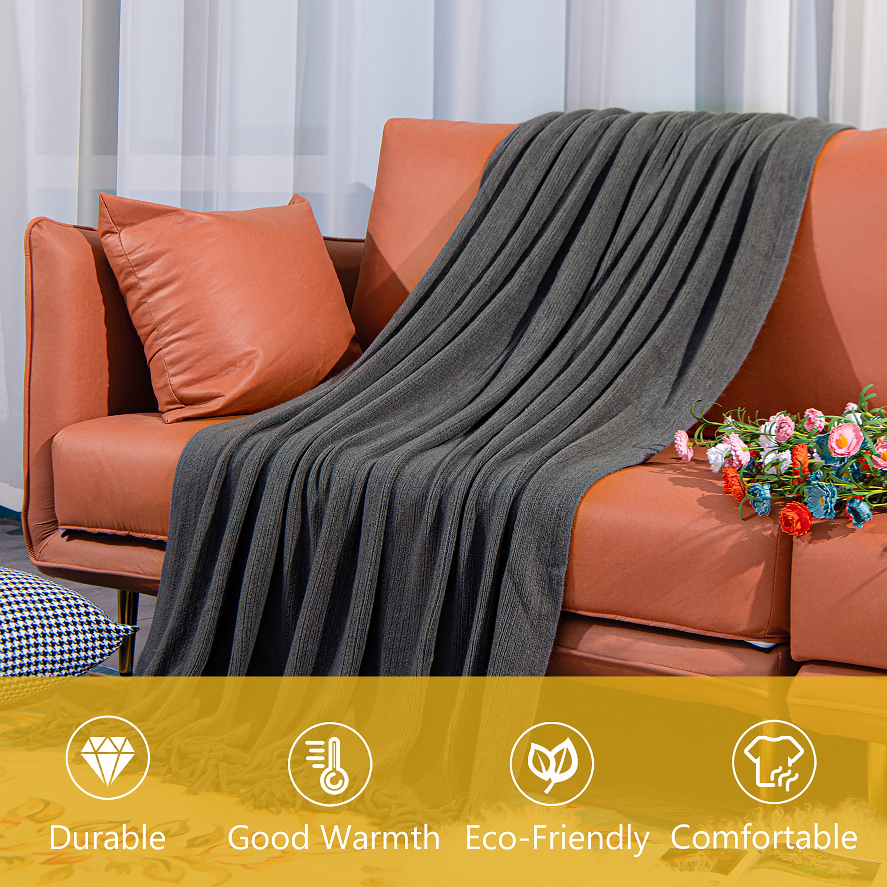 Ntbay Acrylic Knitted Throw Blanket with 7" Tassels, Lightweight and Soft Cozy Decorative Woven Blanket for Travel, Couch, Bed, Sofa, 51" x 67", Gray Striped