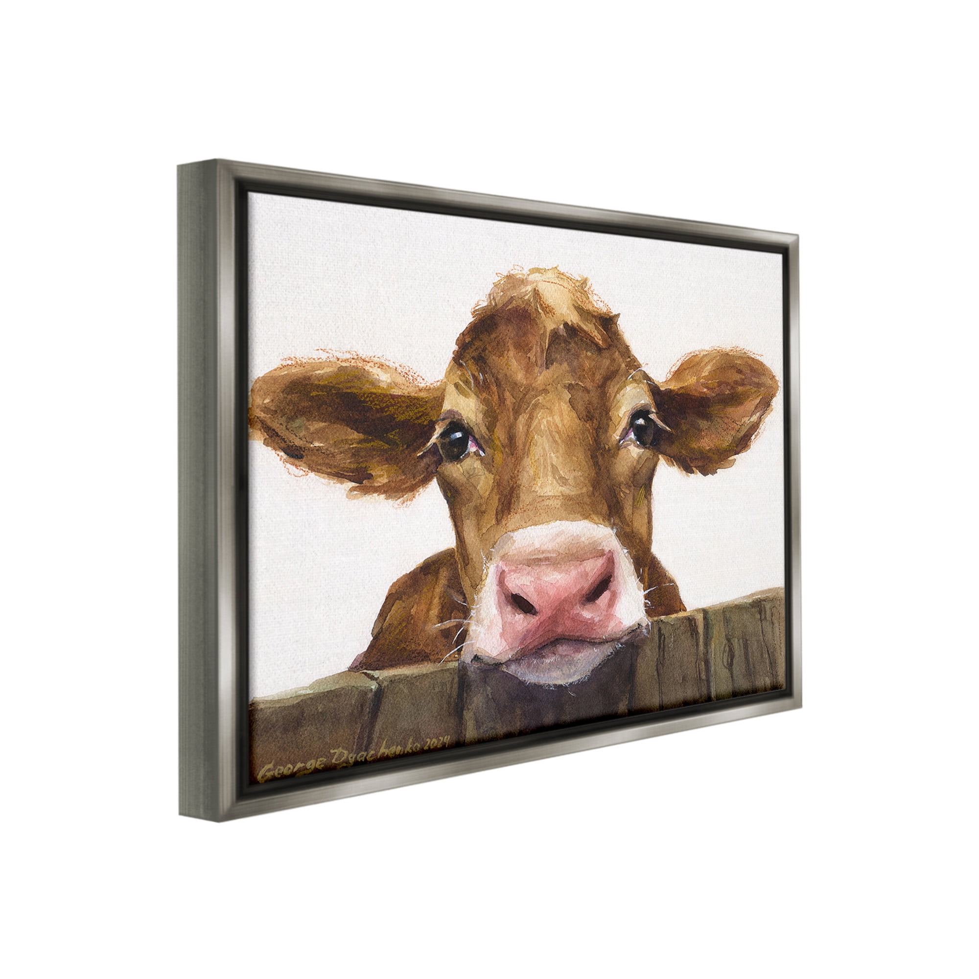 Stupell Industries Cow Resting on Fence Animals & Insects Painting Gray Floater Framed Canvas Art Print Wall Art, 31 x 25