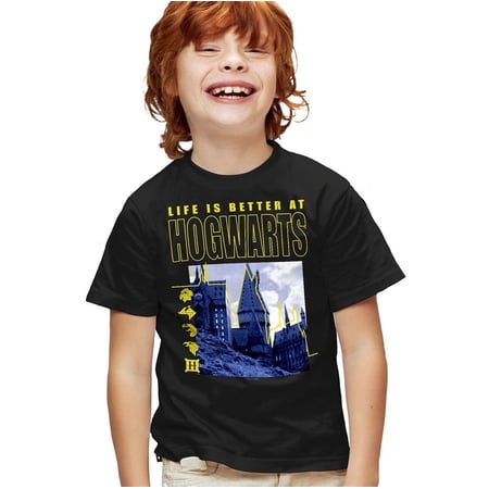 Harry Potter Life is Better at Hogwarts Kids T Shirt for Youth Boys and Girls, Black, Large