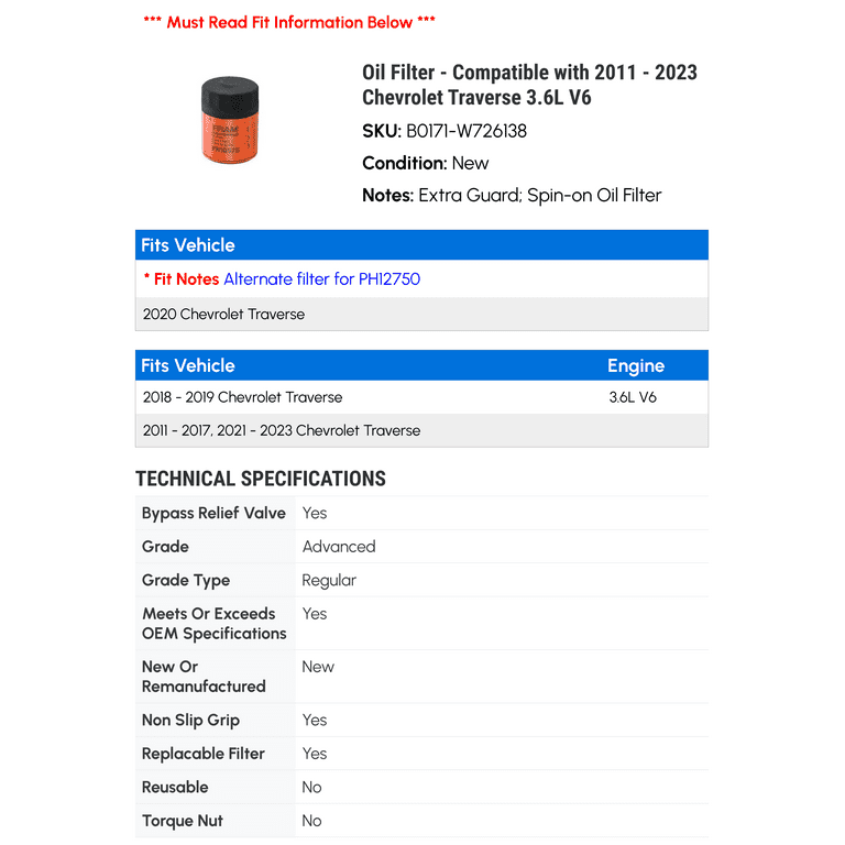 Oil Filter - Compatible with 2011 - 2023 Chevy Traverse 3.6L V6 