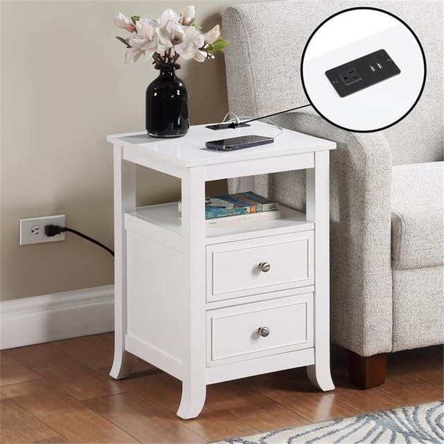 Table d'Appoint à Deux Tiroirs Melbourne avec Station de Recharge et Tablette en Bois Blanc