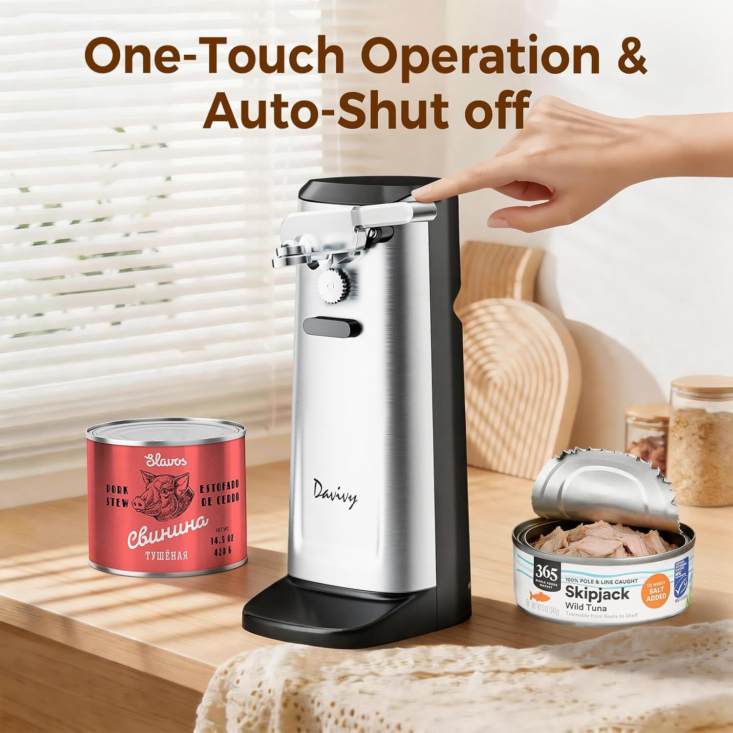 Davivy Electric Can Opener - Stainless Steel Tall Automatic Can Opener with Knife Sharpener and Bottle Opener, Efficient and Safe for Home Use, Saves Time