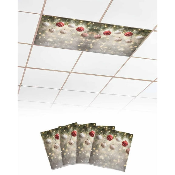 Christmas Fluorescent Light Covers for Ceiling Lights 4x2 feet,4 Pack Magnetic Light Filters for Classroom,Xmas Balls Snowflake Pine Needles Fluorescent Light Shade Panel for Office School Drop Home