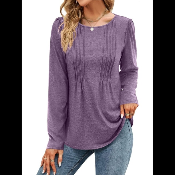 Blusa Tipo Túnica Plisada de Larga Abullonada para Mujer, Cuello Redondo, Estilo Elegante, Informal, Holgada, para Verano Púrpura XL