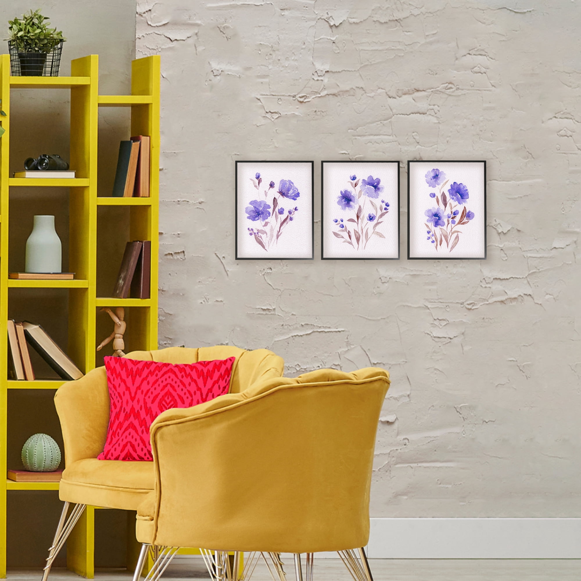 Stupell Industries Watercolor Purple Blooms 3 Piece Black Framed Giclee Art Set, design by Leah Noel Art