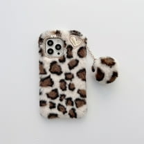 Allytech for iPhone XR 2018 Case Leopard Print Fur with Cute Ball, Plush Fluffy Fuzzy Fashion Furry Soft Case Warm Luxury Women Girly Case for iPhone XR 6.1 inch Display 2018, White