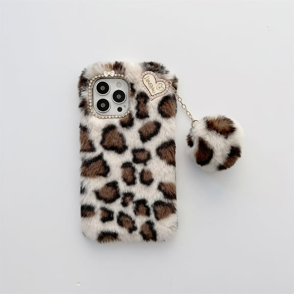 Allytech for iPhone 12/12 Pro Case Leopard Print Fur with Cute Ball, Plush Fluffy Fuzzy Fashion Furry Soft Case Warm Luxury Women Girly Case for iPhone 12/iPhone 12 Pro 6.1" 2020, White