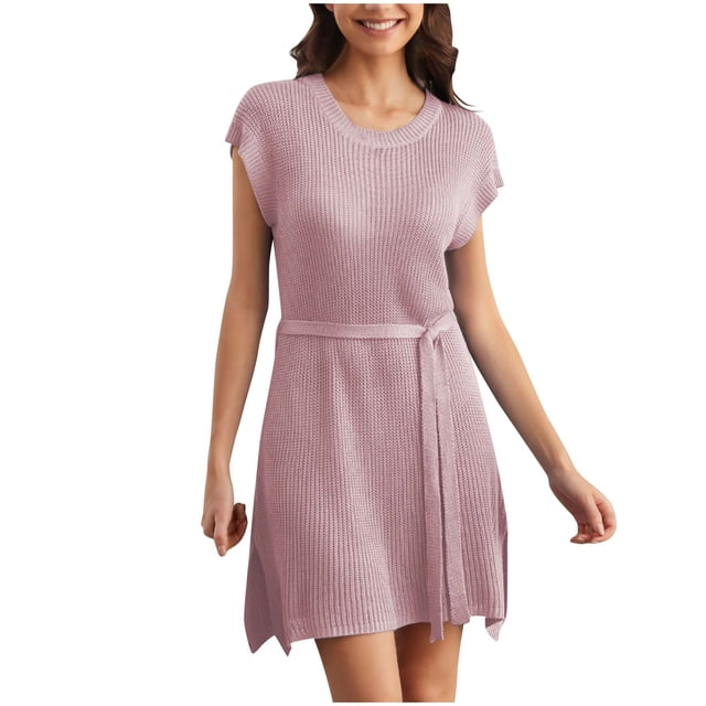 Yuyuzo Robe à Manches Cap pour Femmes, Mini-Robe en Tricot à Col Ras du Cou, Coupe Évasée, Robes Courtes avec Ceinture