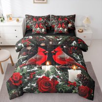Manfei Red Cardinals Rose 7 Pieces Bedding Comforter Set,Romantic Flower Floral Full Bedding Set,Merry Xmas Fitted Sheet Flat Sheet For Child,Ultra Soft Home Decor Reversible