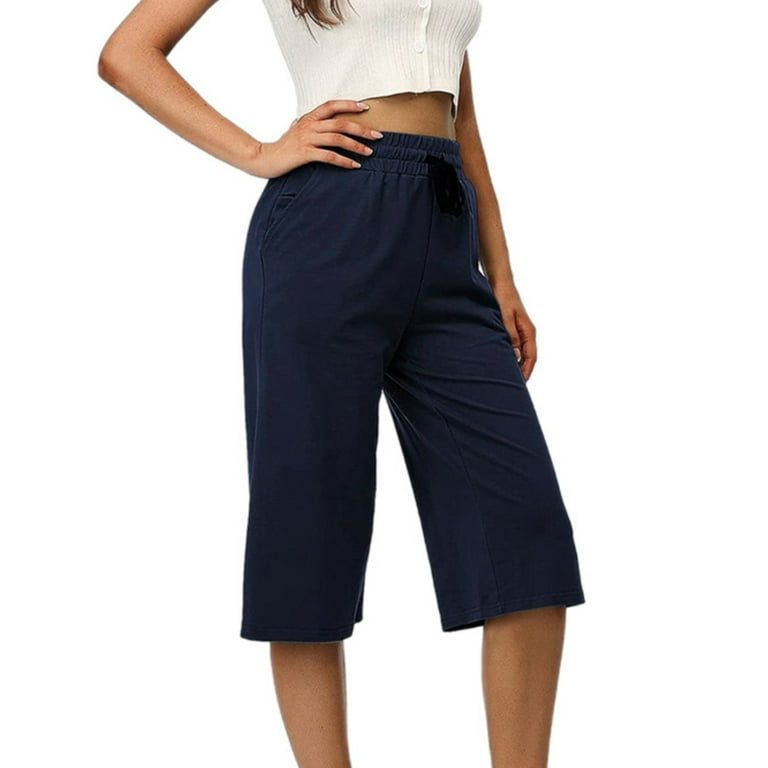 Women's Summer Cropped Pants Elastic Waist Straight Leg Capri Pants Casual  Loose Fit Lounge Trousers with Pockets 