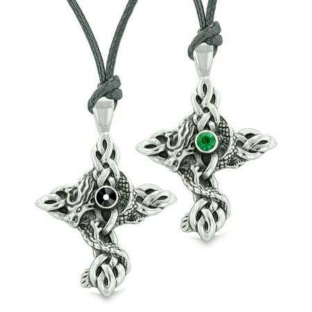Fire Dragon Celtic Knots Protection Cross Amulets Love Couples or Best Friends Set Green Black