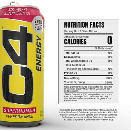 C4 Performance Energy Drink, Strawberry Watermelon Ice, Zero Sugar, Carbonated, 16oz can (12 Pack)
