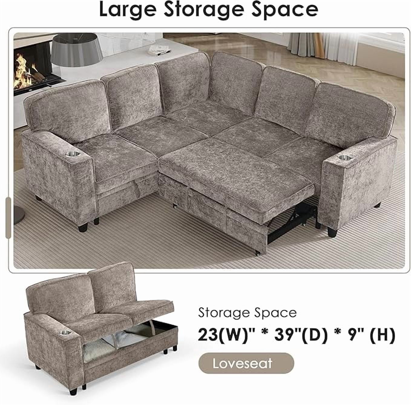 81" Modular Sectional Sofa, L Shaped 5-Seater Sleeper Sofa with Pull Out Bed, Hidden Storage, Cup Holders & USB Charging Ports, Sectional Couches for Living Room，Chenille，Light Brown