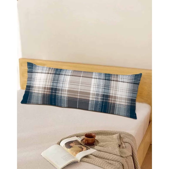 Blue Brown Plaid Body Pillow Covers, Modern Abstract Striped Gingham Checked Soft Throw Pillow Cases with Invisible Zipper, Decorative Pillowcase Pillows Protectors for Sofa Bed Couchair 20"x54"