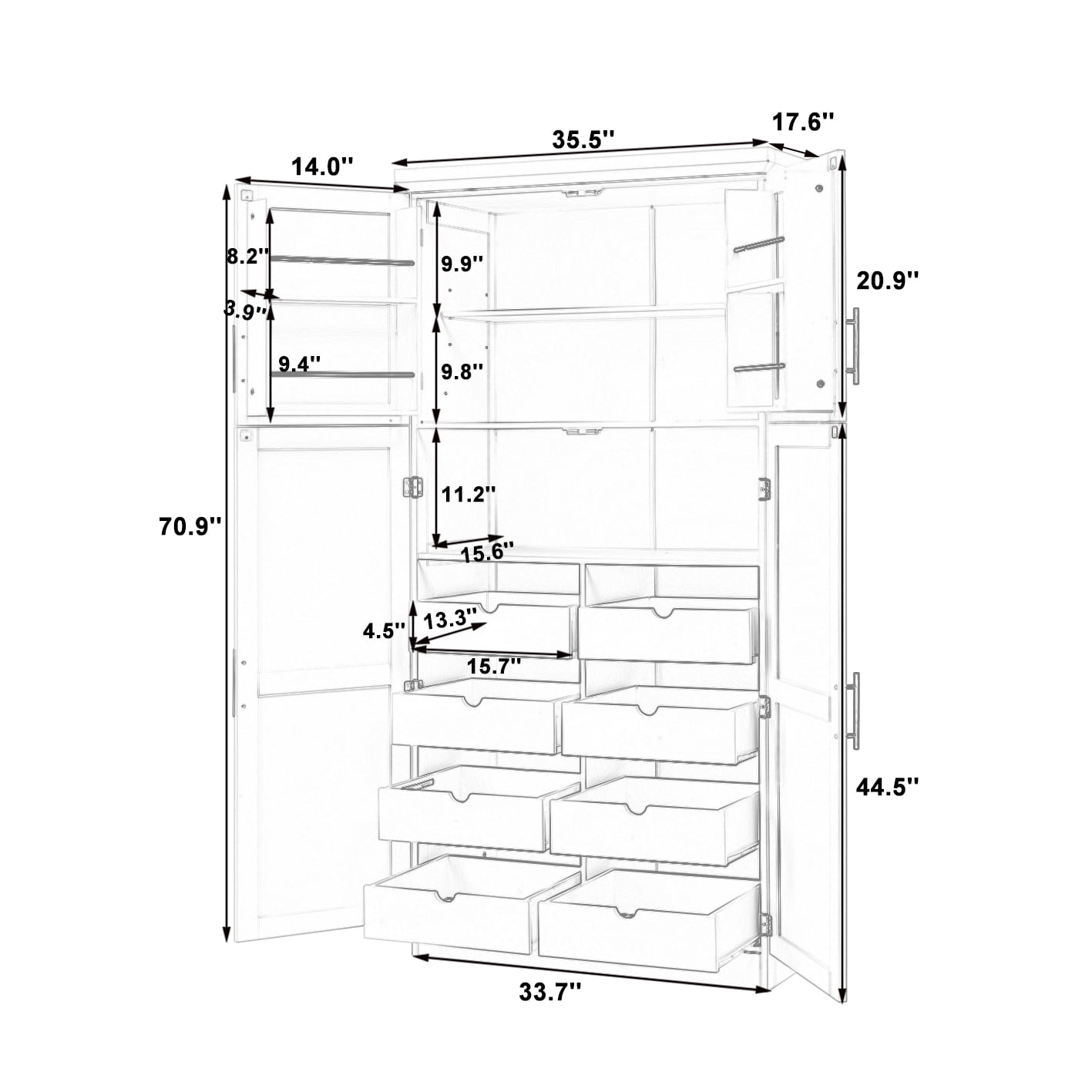 Aukfa 71" Tall Kitchen Pantry Cabinet, 4-Door Freestanding Pantry Hutch Storage Organizer with 8 Pull-Out Trays,Gray